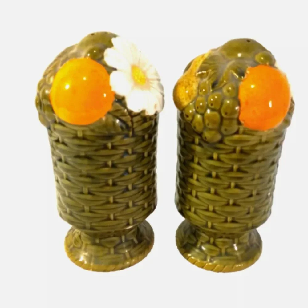 Antique Salt+Pepper Ceramic Shakers Basket Weave w/Flowers Hand Painted Tall